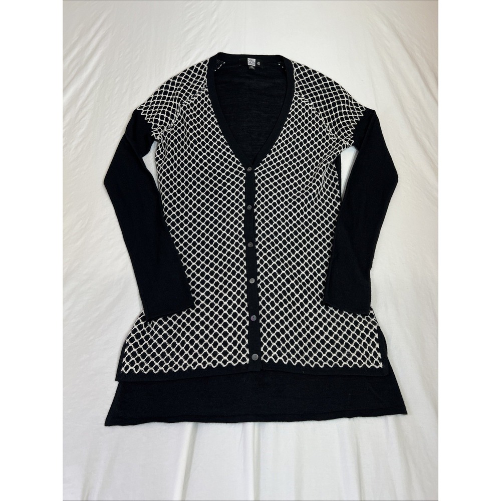 Saks Fifth Avenue Silk Cashmere Cardigan XS Black White Honeycomb Sweater